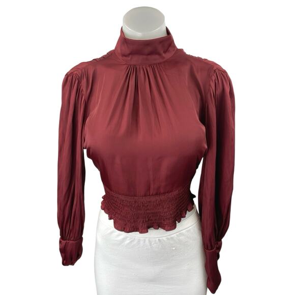 NEW Zara Red Silk Satin Long Sleeve Turtleneck Open Back Blouse Top Size XS - Picture 1 of 3